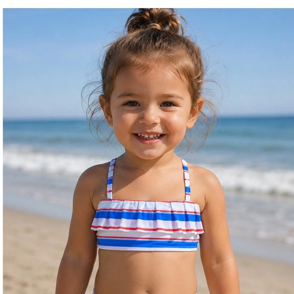 Janie and Jack Girls Size‎ 3 Red White Blue Striped Ruffle Bikini Swim Top NWT